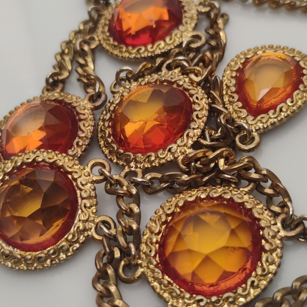 Whimsical Gold tone and Orange Layered Necklace Acrylic Gems - Picture 8 of 9